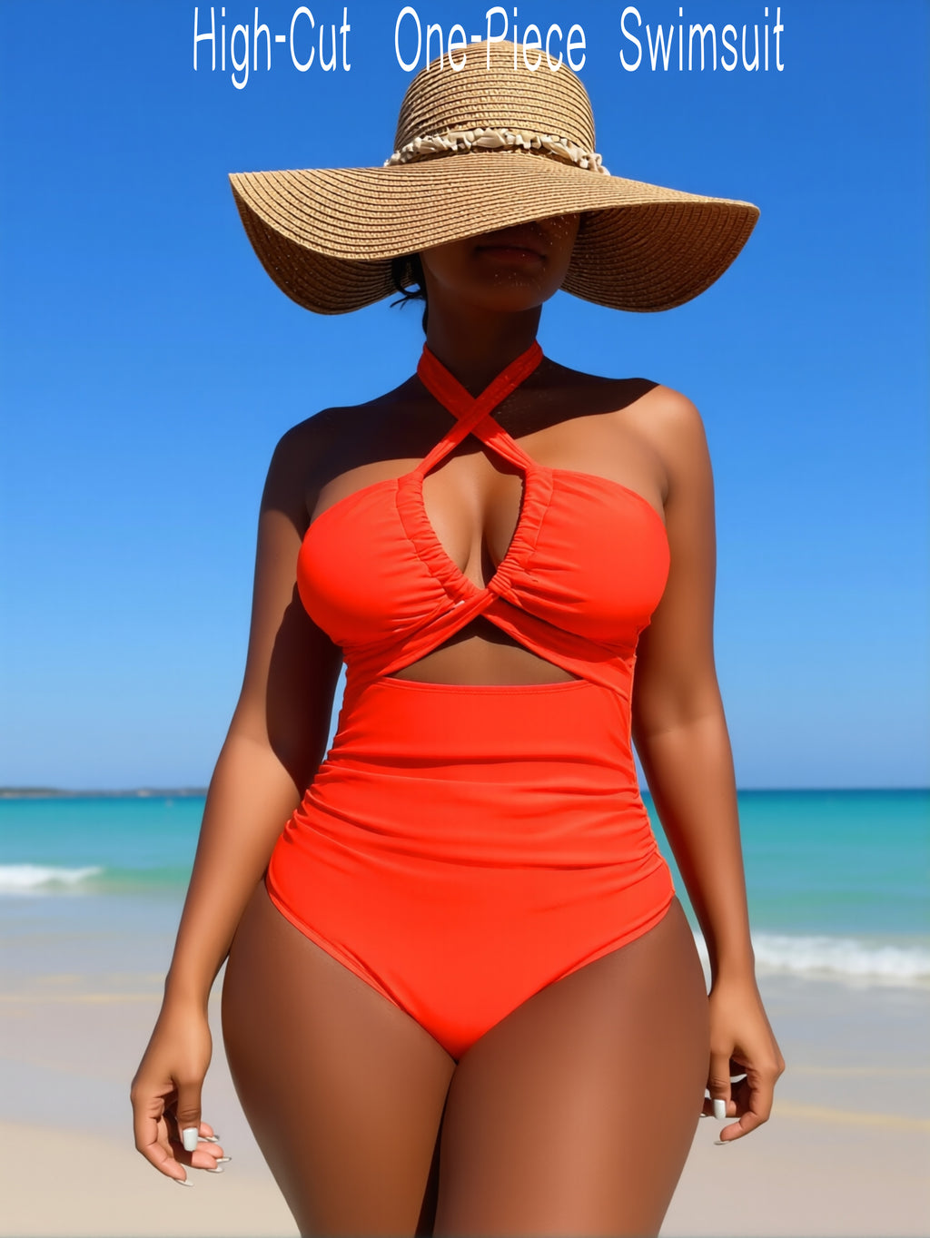 JingJing Crisscross Halter Neck Orange One-Piece Swimsuit with Waist Cutout