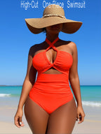JingJing Crisscross Halter Neck Orange One-Piece Swimsuit with Waist Cutout