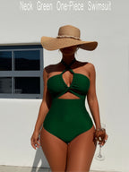 JingJing High-Cut One-Piece Swimsuit with Crisscross Halter Straps