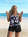 JingJing Black Floral Tankini with Modest Swim Skirt Shorts