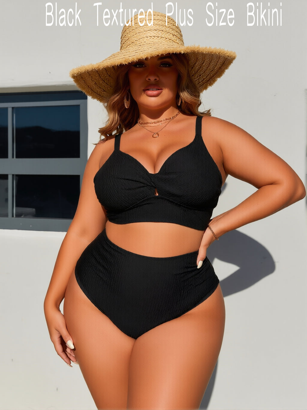 JingJing Black Textured Plus Size Bikini with Keyhole Detail
