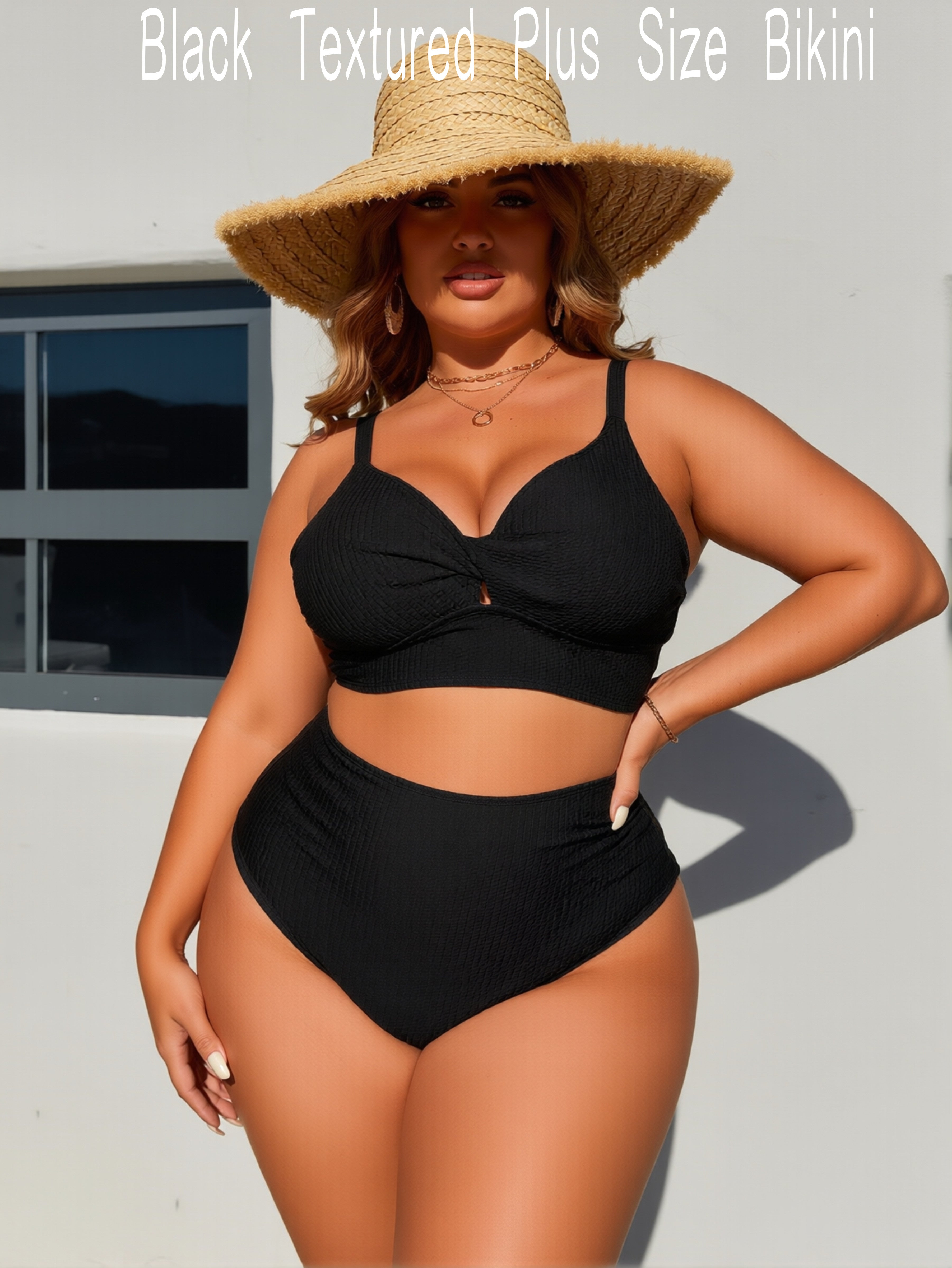 JingJing Black Textured Plus Size Bikini with Keyhole Detail