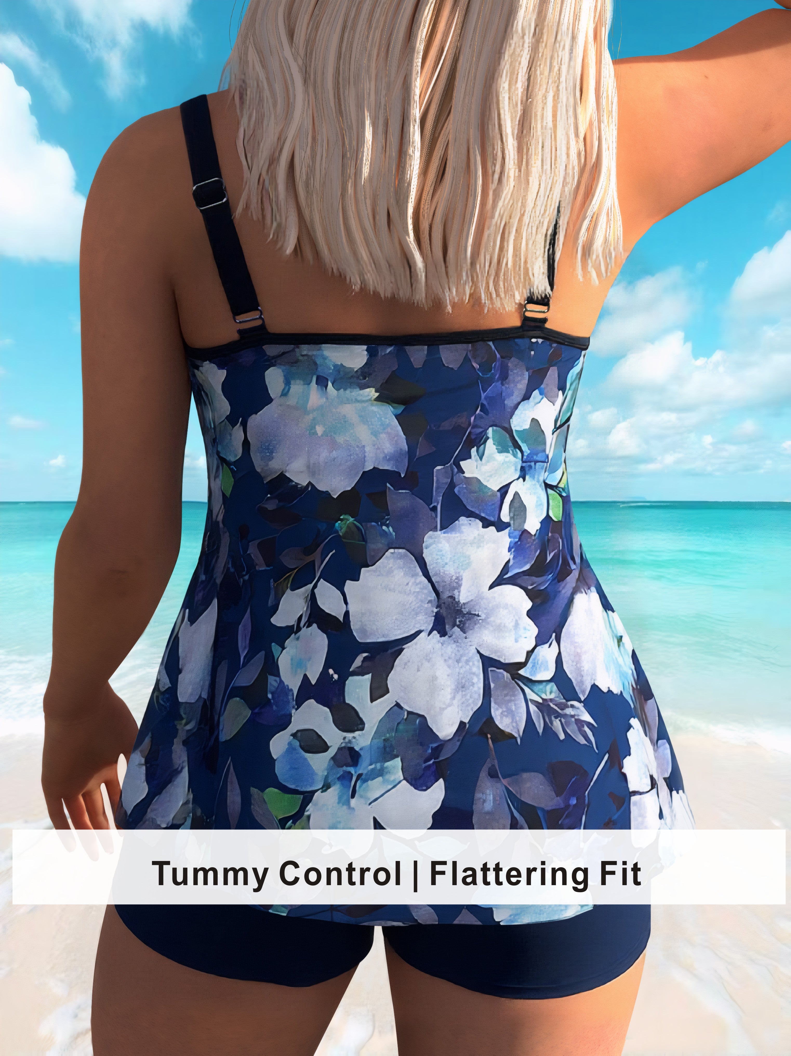 Navy Floral Tankini Top with Solid Black Swim Shorts