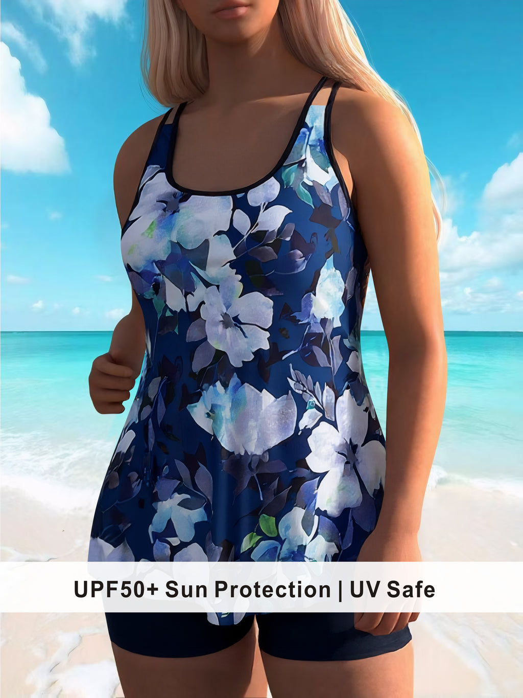 Navy Floral Tankini Top with Solid Black Swim Shorts