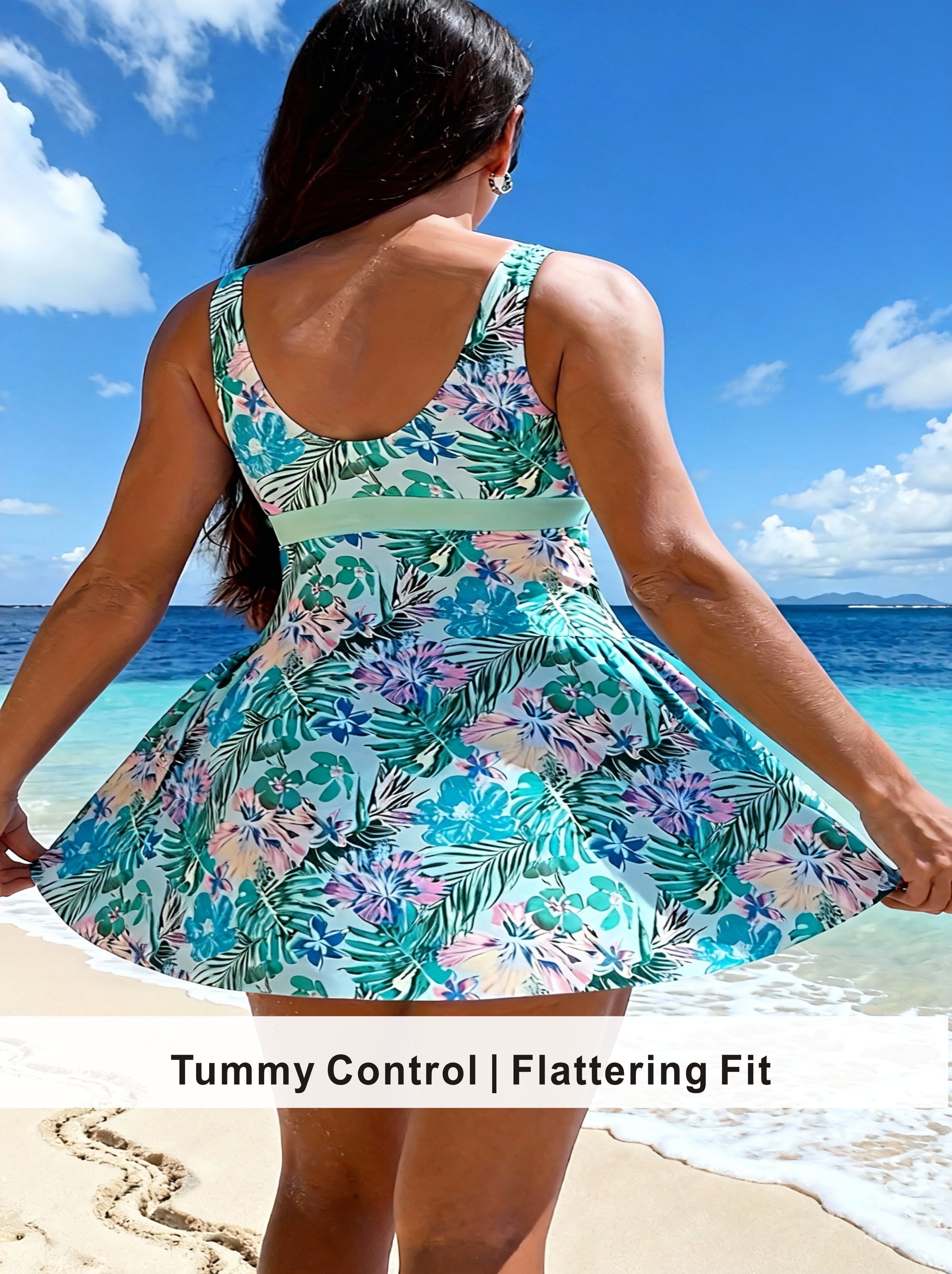 Mint Green Hibiscus Swim Dress with Flared Skirt