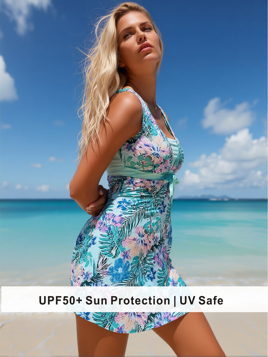 Mint Green Hibiscus Swim Dress with Flared Skirt