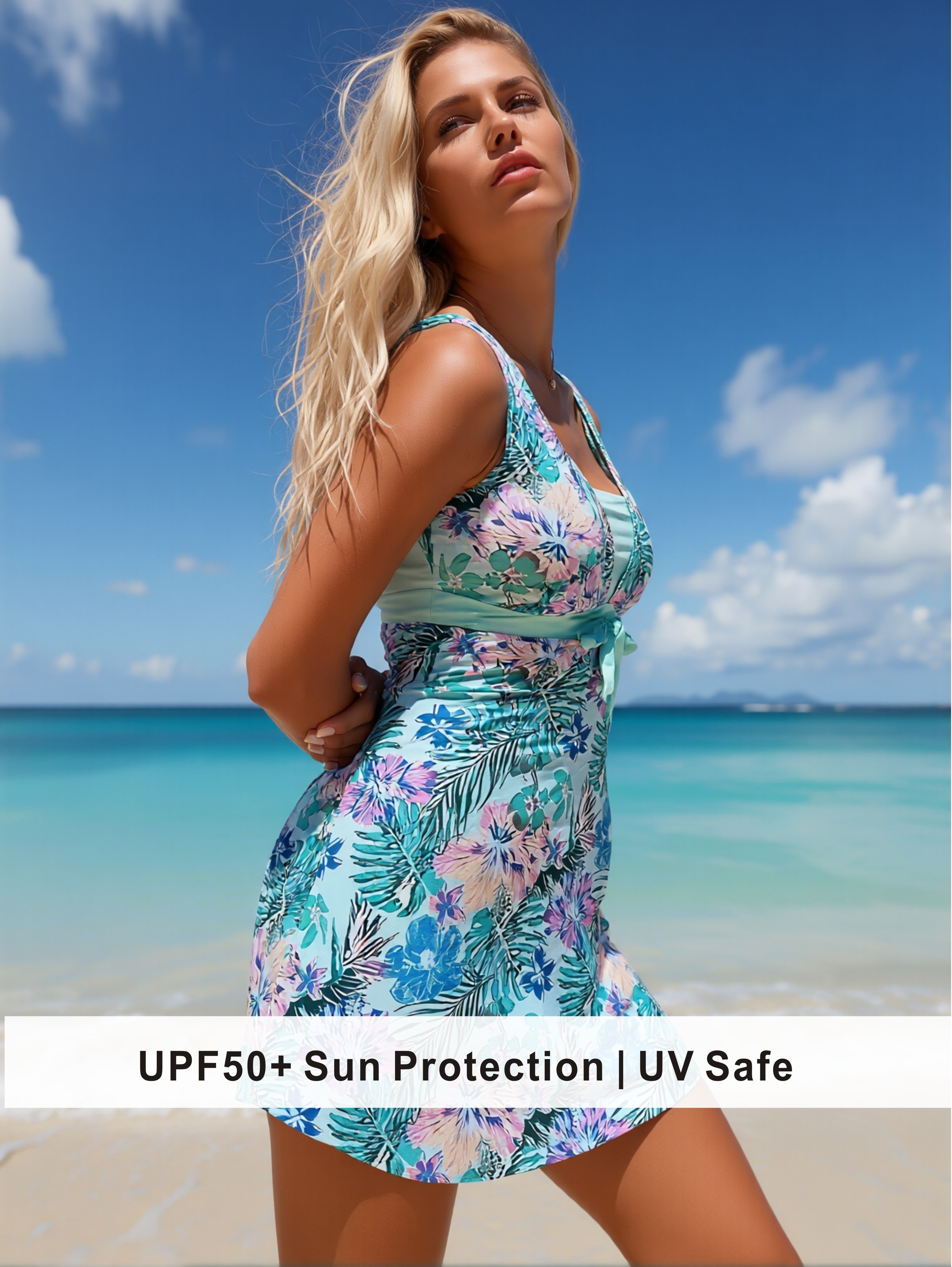 Mint Green Hibiscus Swim Dress with Flared Skirt