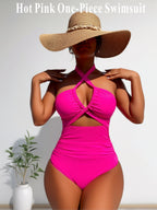 JingJing Hot Pink Halter Cutout One-Piece Swimsuit