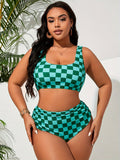 Retro Green Check Bikini with Ruched High-Waisted Bottom