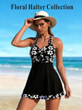 Cinched-Waist Daisy Print Swim Dress with Skirt Hem