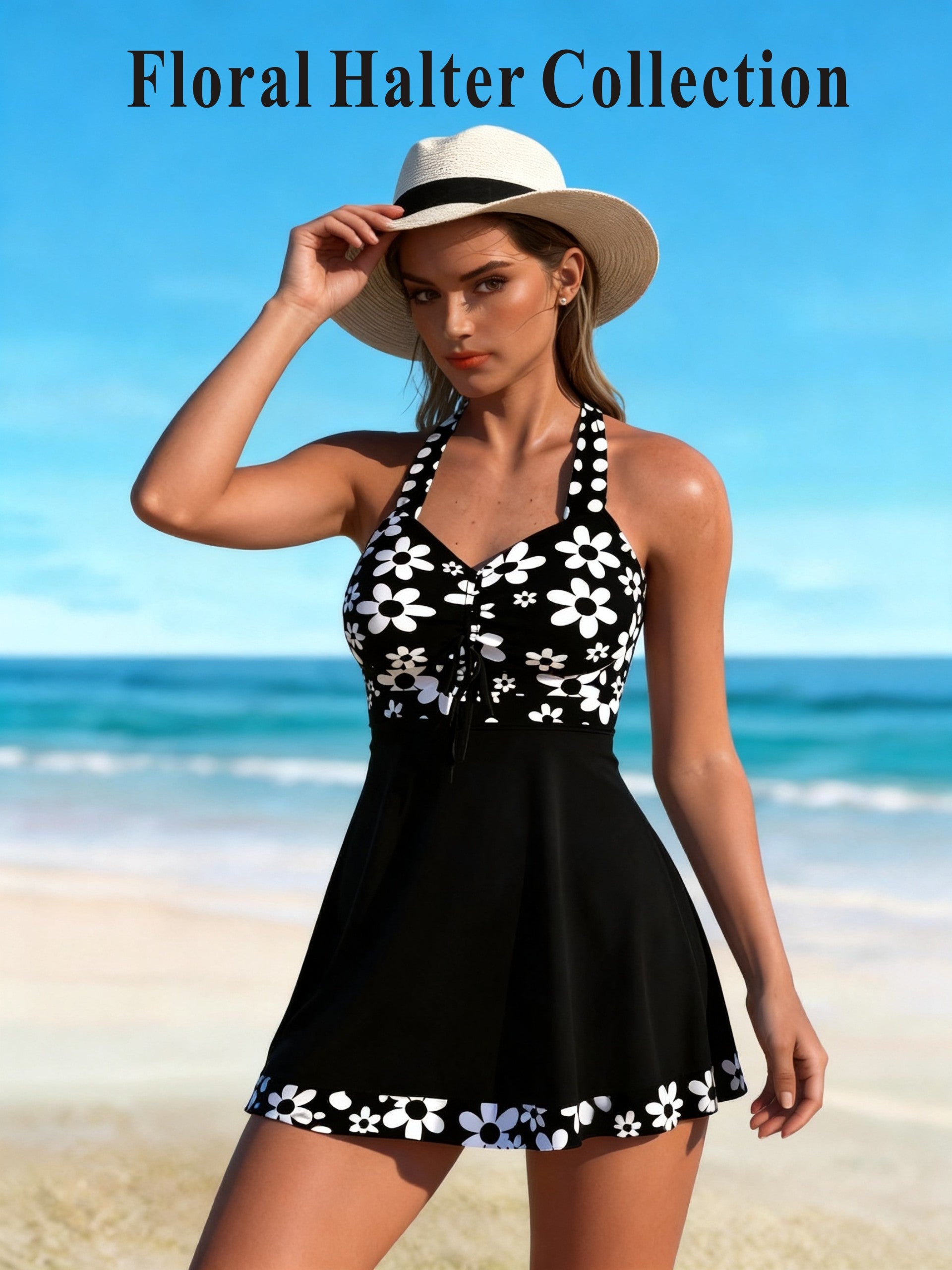 Cinched-Waist Daisy Print Swim Dress with Skirt Hem