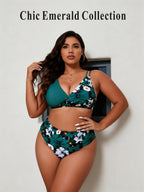 Emerald Green Wrap Bikini Top with Floral High-Waisted Bottom