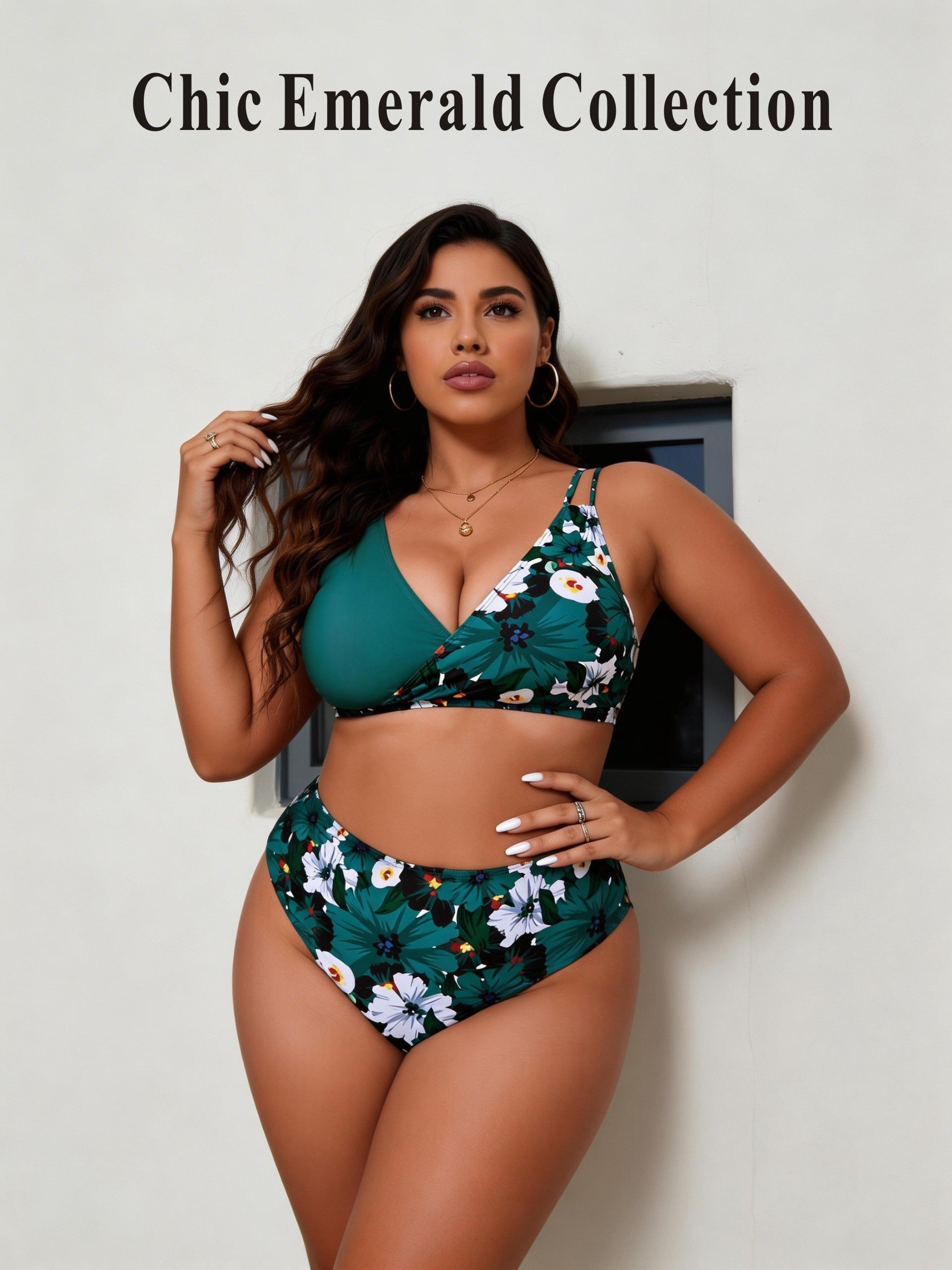 Emerald Green Wrap Bikini Top with Floral High-Waisted Bottom