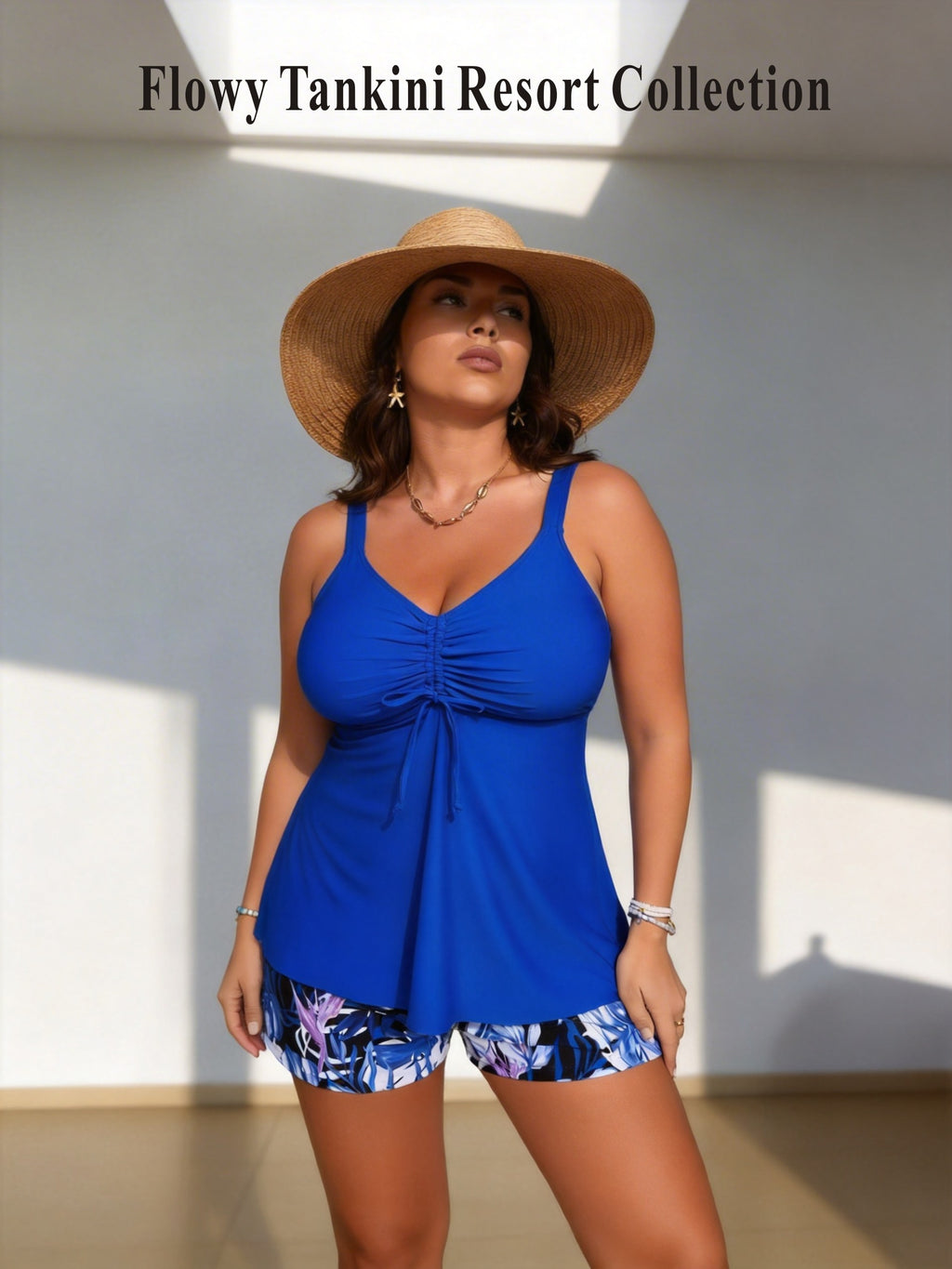 Curve-Friendly Drawstring Tankini with Tropical Print Bottom