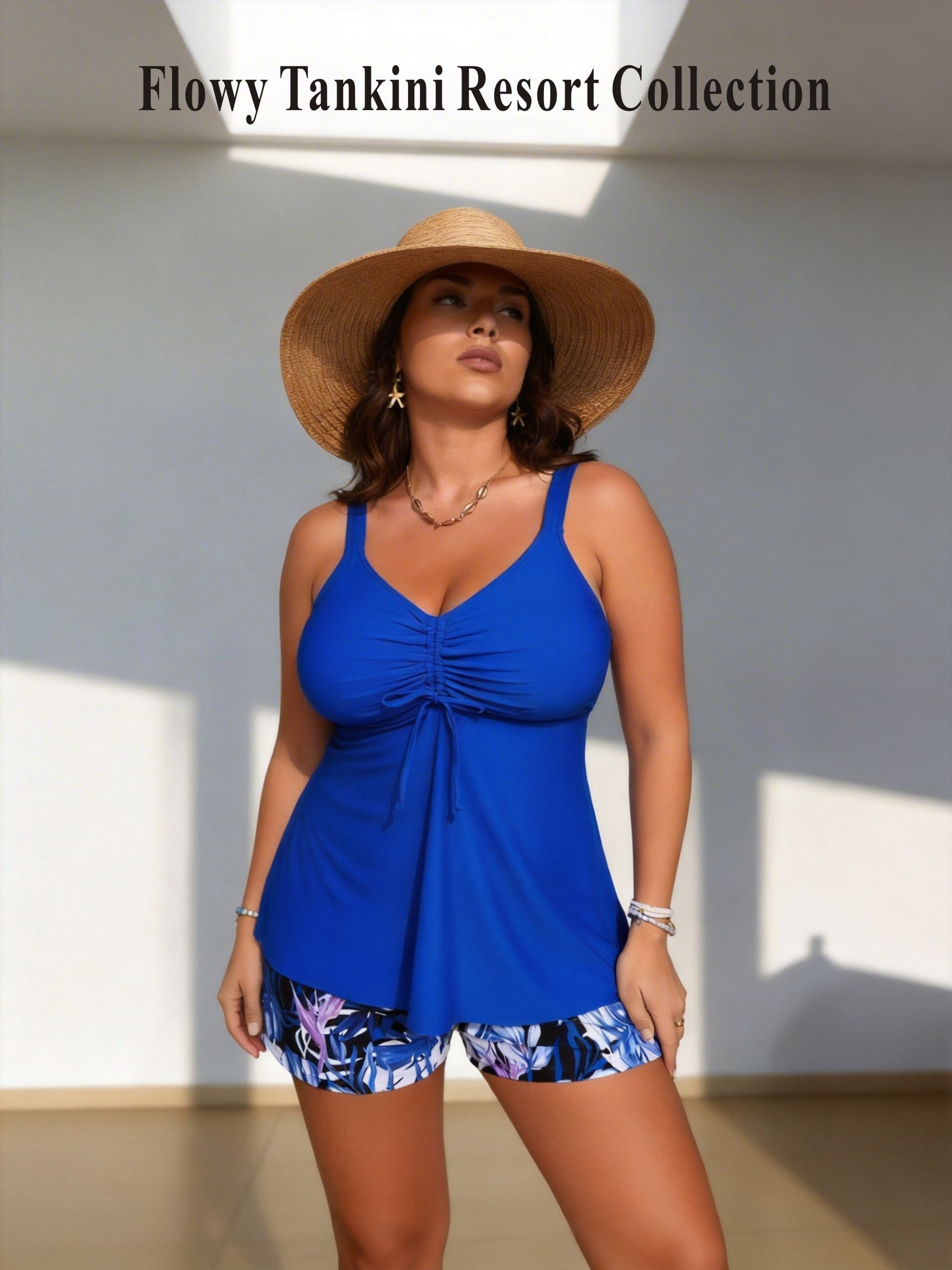 Curve-Friendly Drawstring Tankini with Tropical Print Bottom