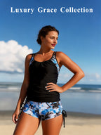 Blue Palm Print Accent Tankini with Side Tie Shorts
