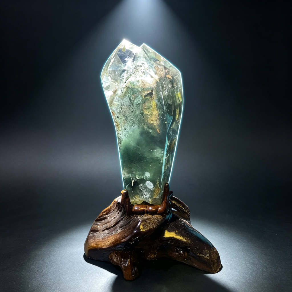 Natural Green Phantom Quartz Crystal Tower, Double Terminated Point with Hand Carved Wooden Base, Lodolite Garden Quartz Healing Crystal Wand for Home Decor Meditation Reiki Spiritual Gift