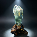 Natural Green Phantom Quartz Crystal Tower, Double Terminated Point with Hand Carved Wooden Base, Lodolite Garden Quartz Healing Crystal Wand for Home Decor Meditation Reiki Spiritual Gift