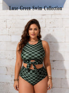 Plus Size Green Checkered Tankini with Waist Tie & Cutout