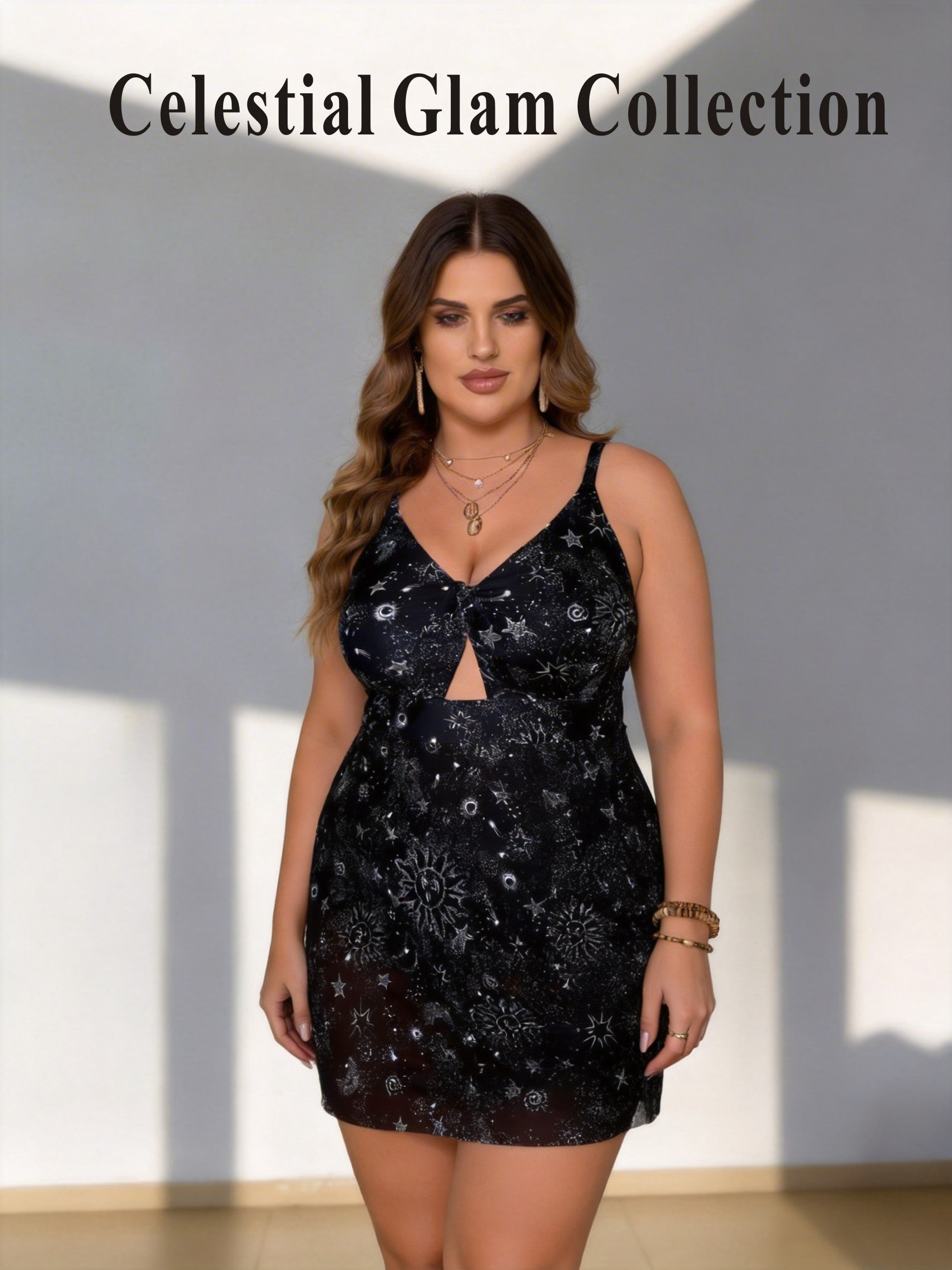 Black Star & Moon Swim Cover-Up Dress with V-Neck