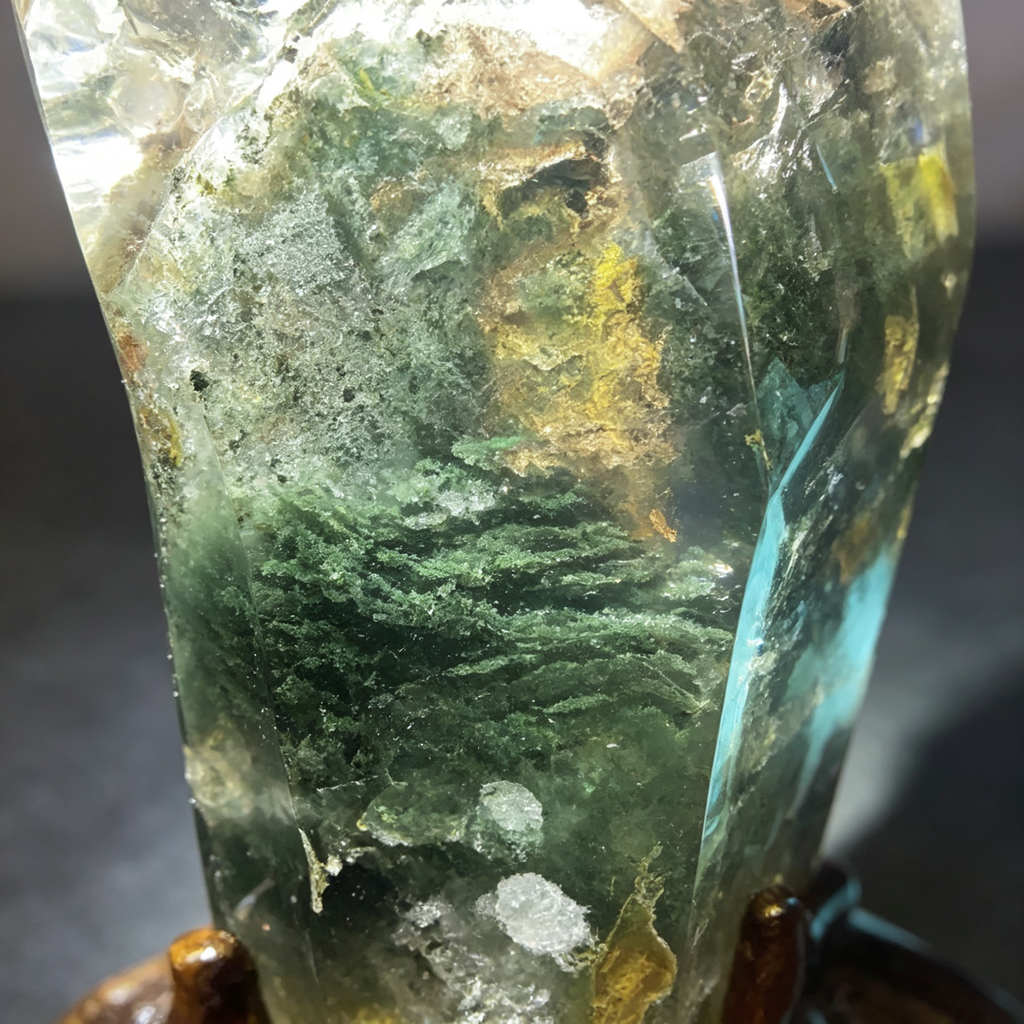 Natural Green Phantom Quartz Crystal Tower, Double Terminated Point with Hand Carved Wooden Base, Lodolite Garden Quartz Healing Crystal Wand for Home Decor Meditation Reiki Spiritual Gift