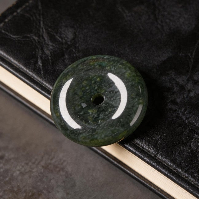 Natural Burmese Dark Green Moss Grade‑A Jadeite Safety Buckle Pendant, Chinese Ping An Kou Donut‑Shaped Protection Talisman Necklace for Men Women