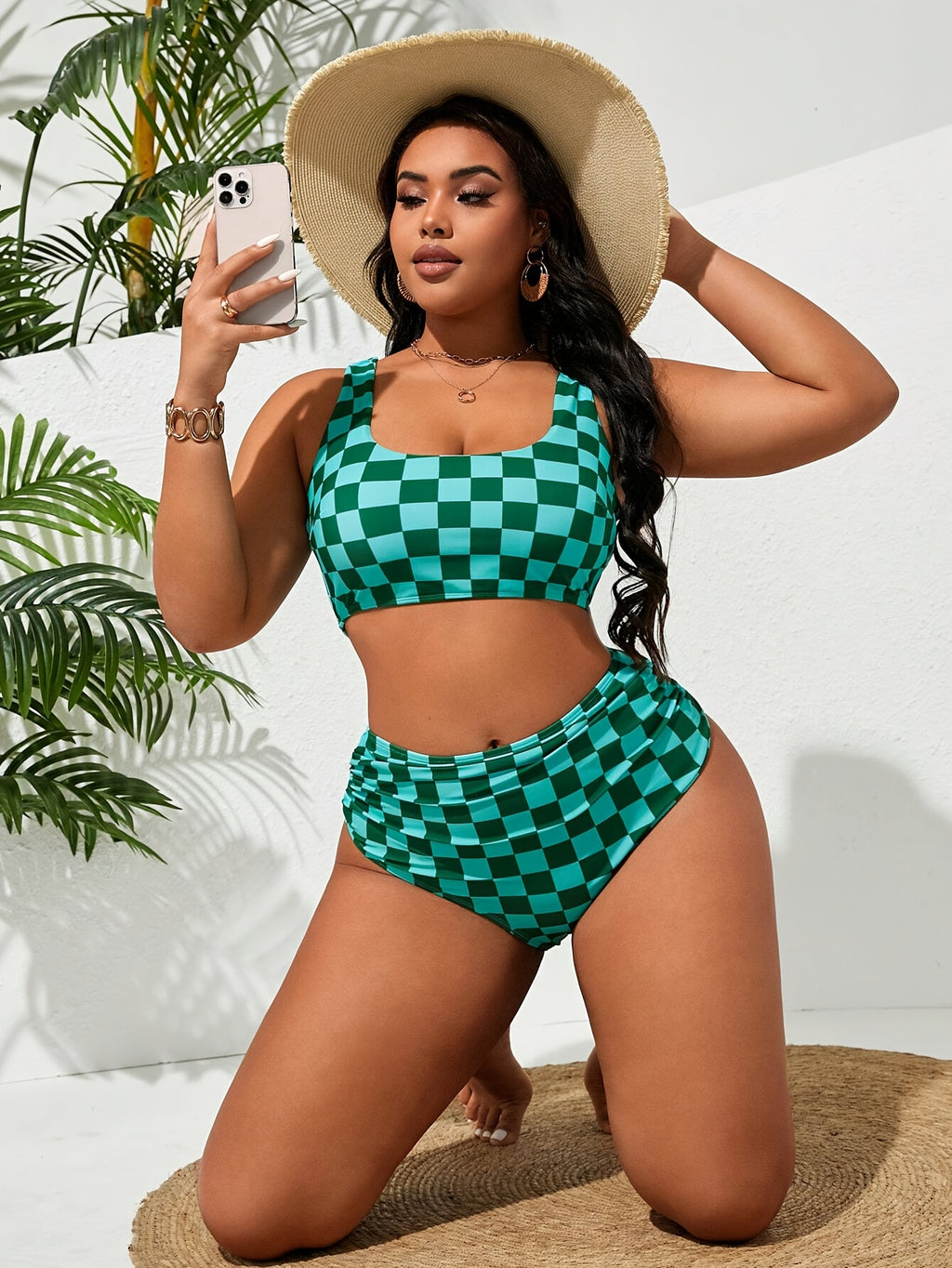 Retro Green Check Bikini with Ruched High-Waisted Bottom