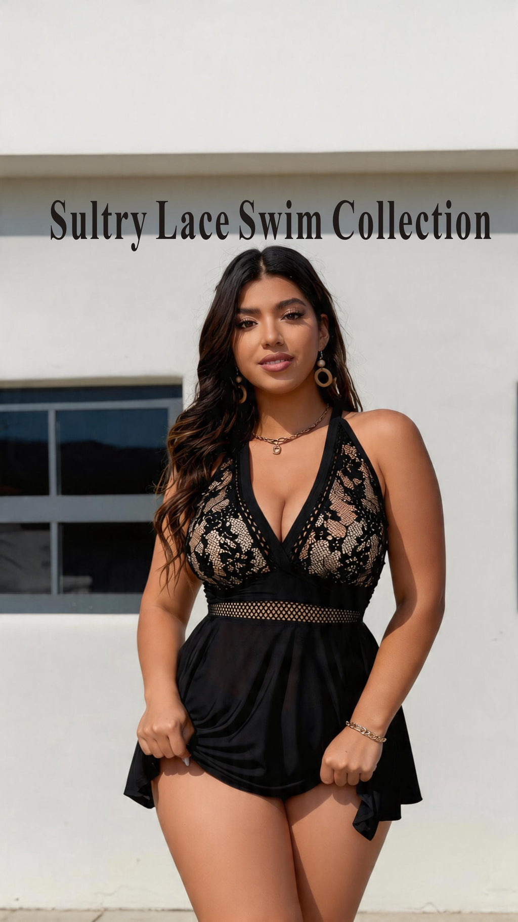 Elegant Lace & Mesh Detail Swim Dress for Curvy Women