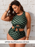 Plus Size Green Checkered Tankini with Waist Tie & Cutout