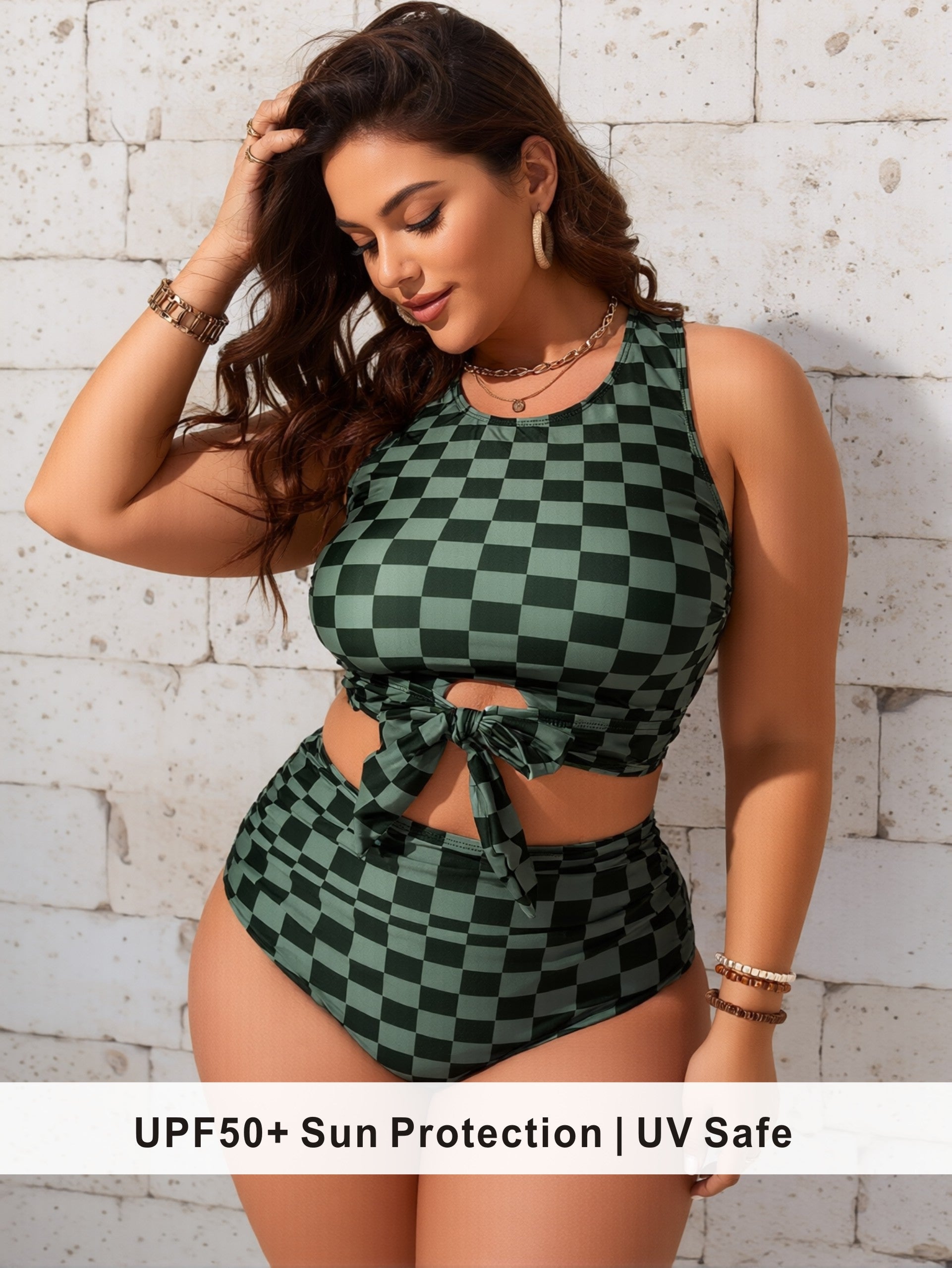Plus Size Green Checkered Tankini with Waist Tie & Cutout
