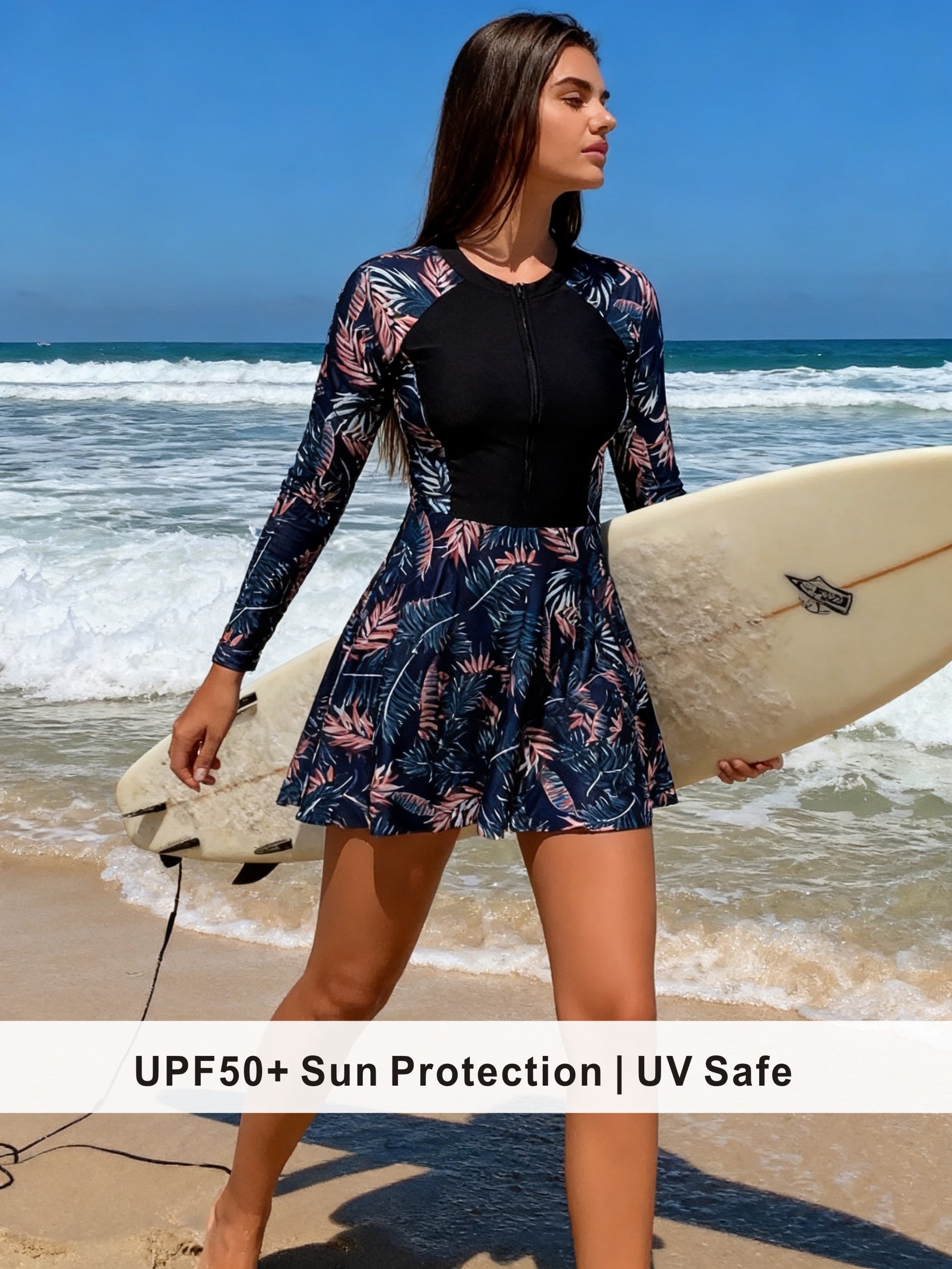 Modest Rash Guard Style Swim Dress with Floral Print Skirt