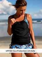 Blue Palm Print Accent Tankini with Side Tie Shorts
