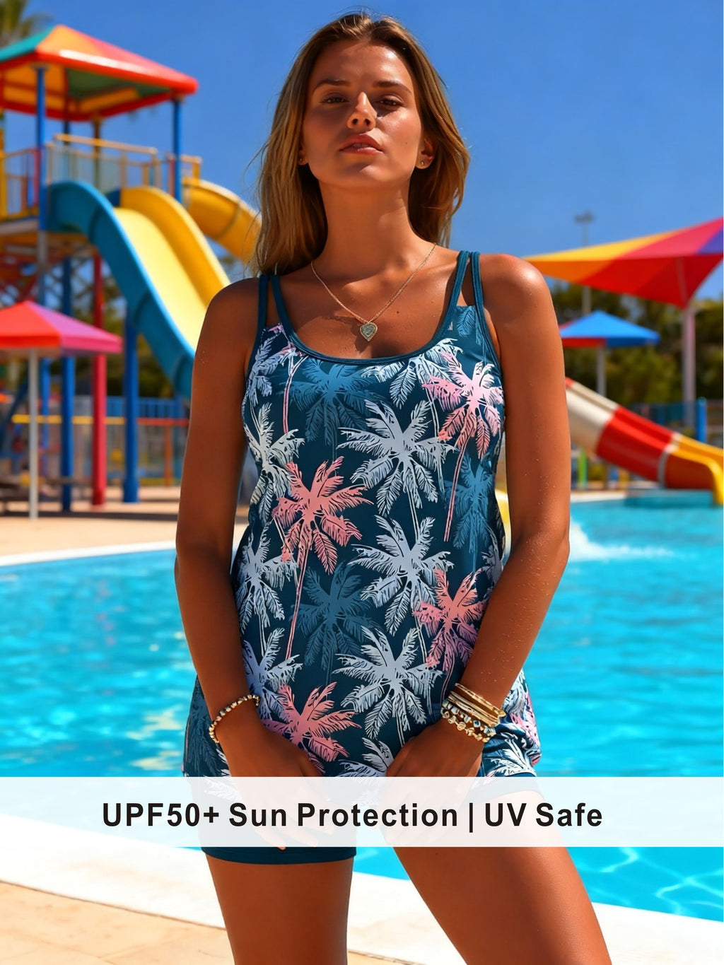 Teal Ombre Palm Tree Tankini with Solid Boyshorts