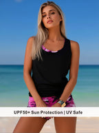 Black Layered Tankini with Pink Palm Print Lining & Shorts