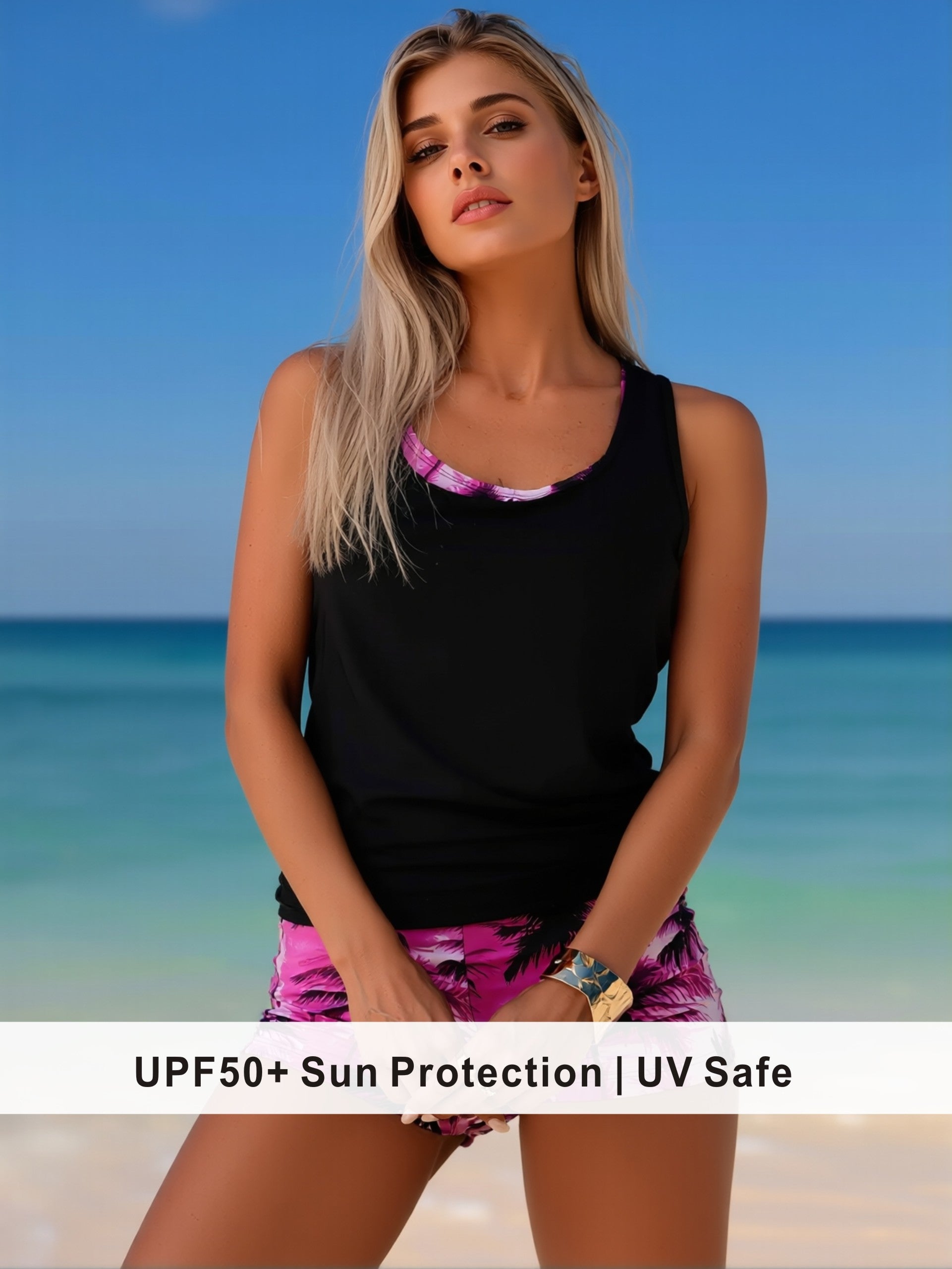 Black Layered Tankini with Pink Palm Print Lining & Shorts