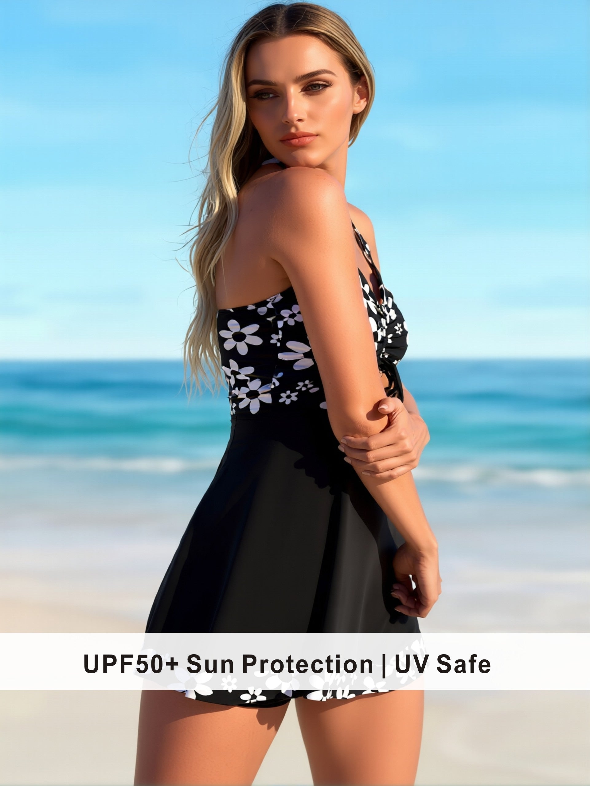 Cinched-Waist Daisy Print Swim Dress with Skirt Hem
