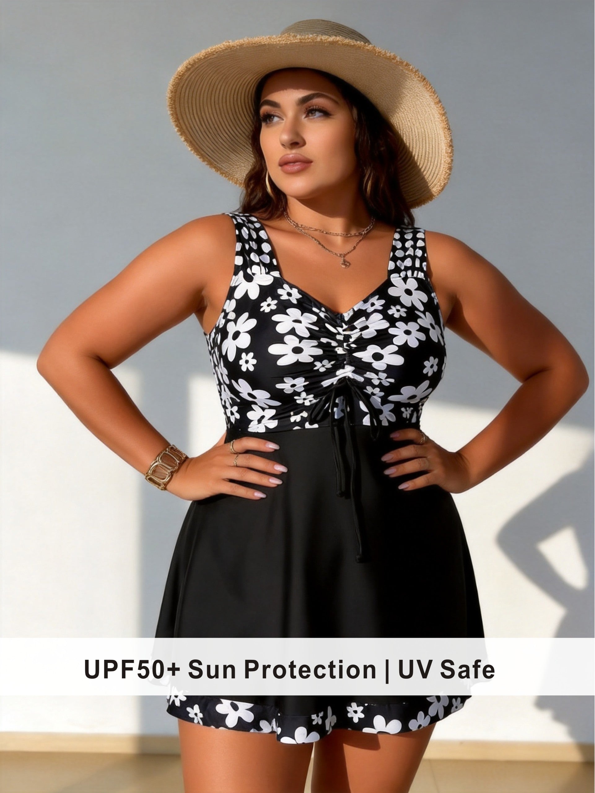 Plus Size Black & White Daisy Print Swim Dress with Drawstring