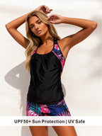 Sporty Tropical Print Tankini with Boyshort Bottoms