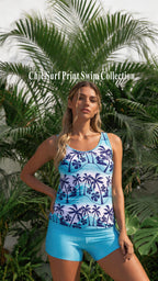 Blue Ombre Tropical Print Tankini with Solid Swim Shorts