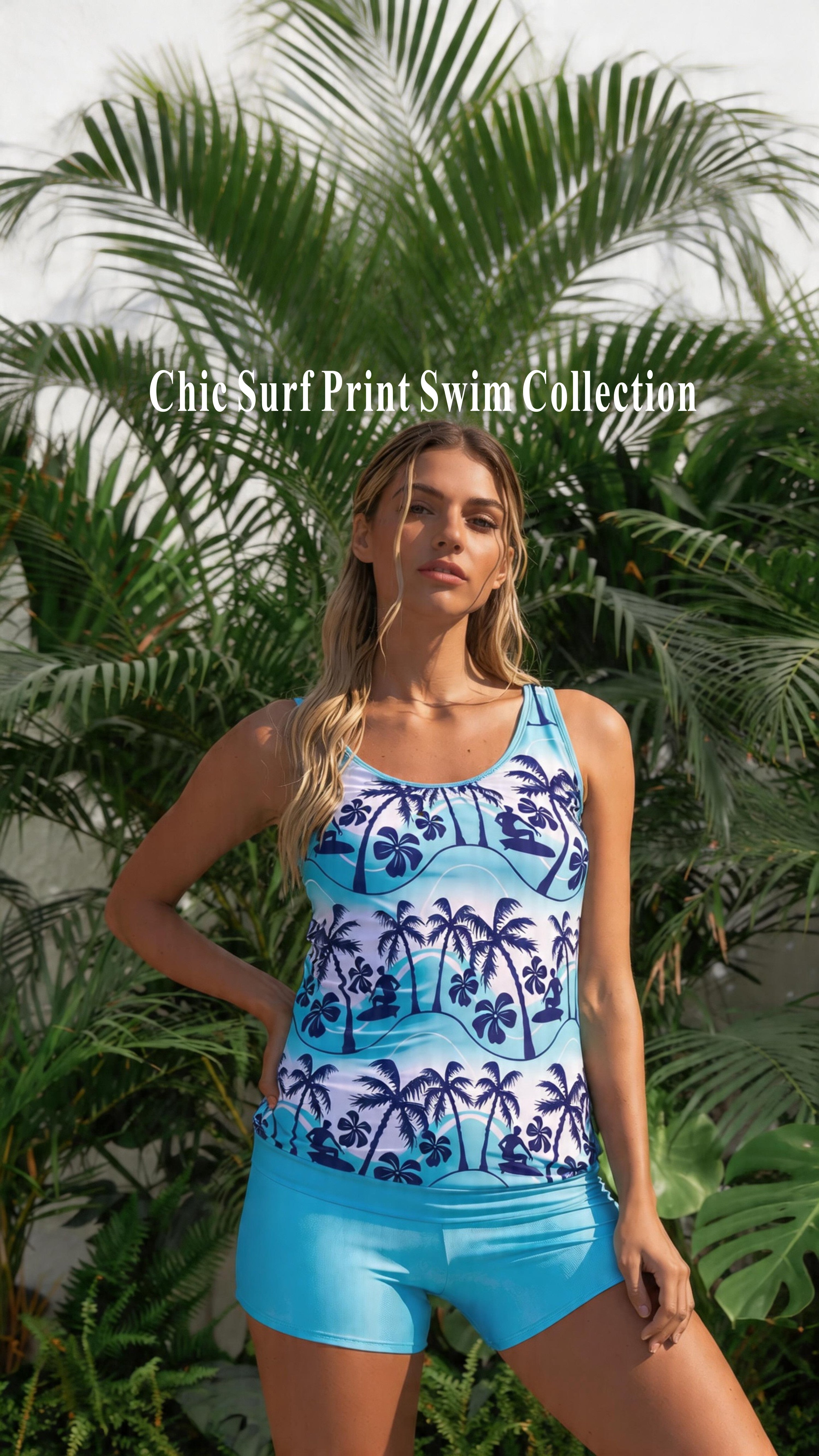 Blue Ombre Tropical Print Tankini with Solid Swim Shorts