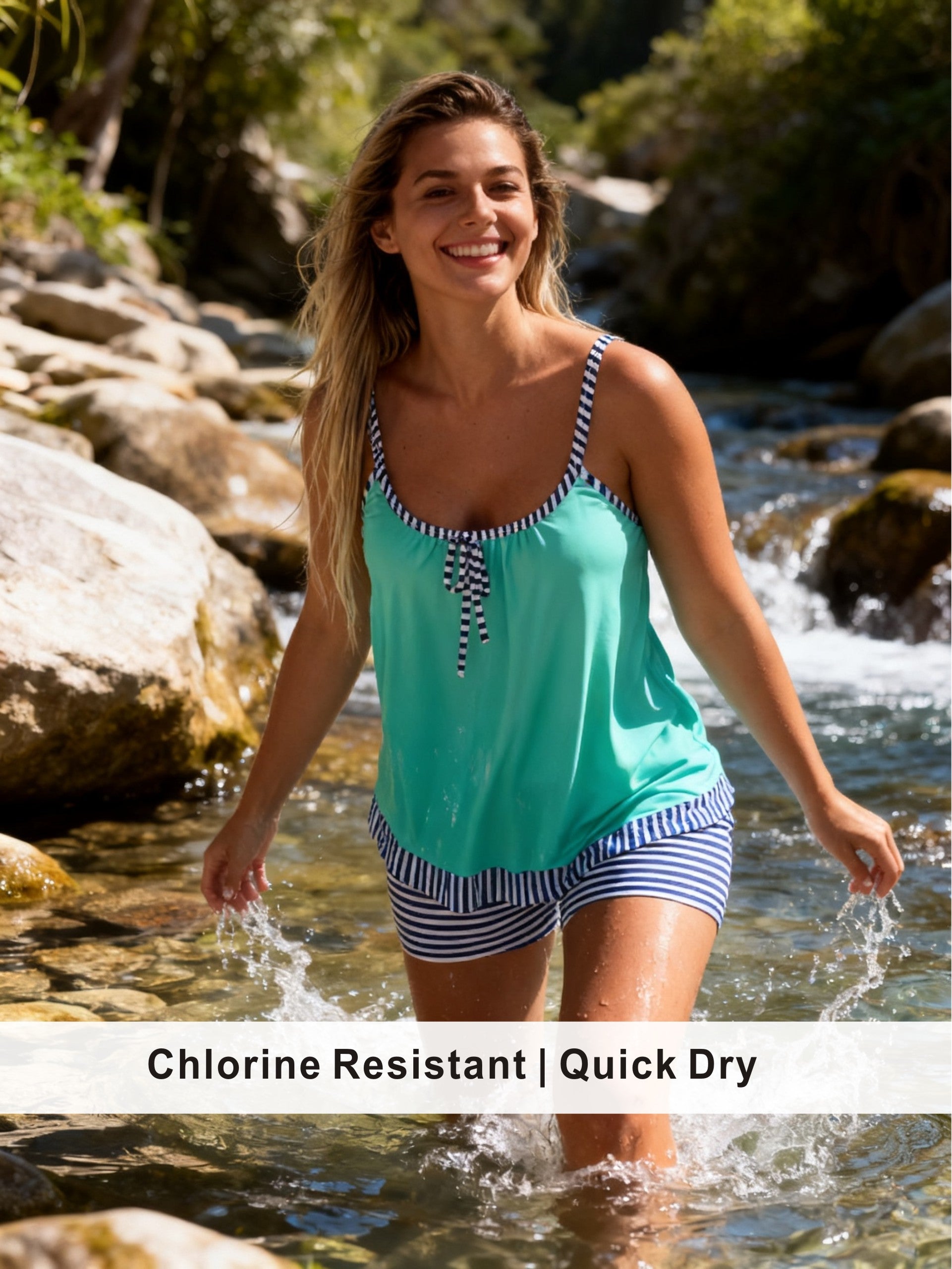 Mint Green Stripe Trim Tankini with Tummy Control
