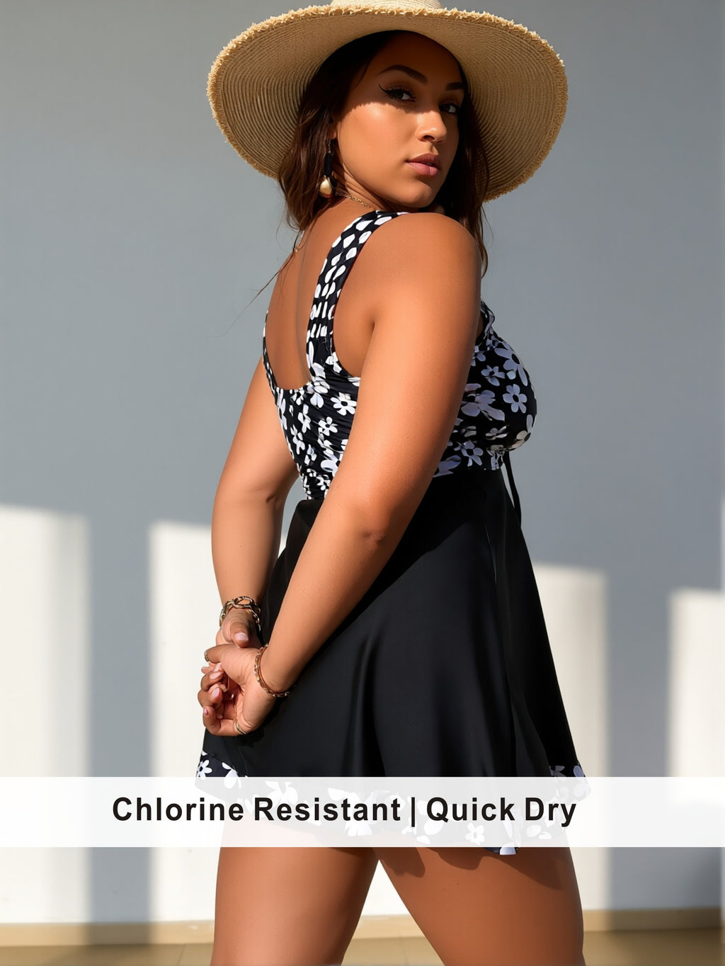 Plus Size Black & White Daisy Print Swim Dress with Drawstring