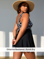 Plus Size Black & White Daisy Print Swim Dress with Drawstring