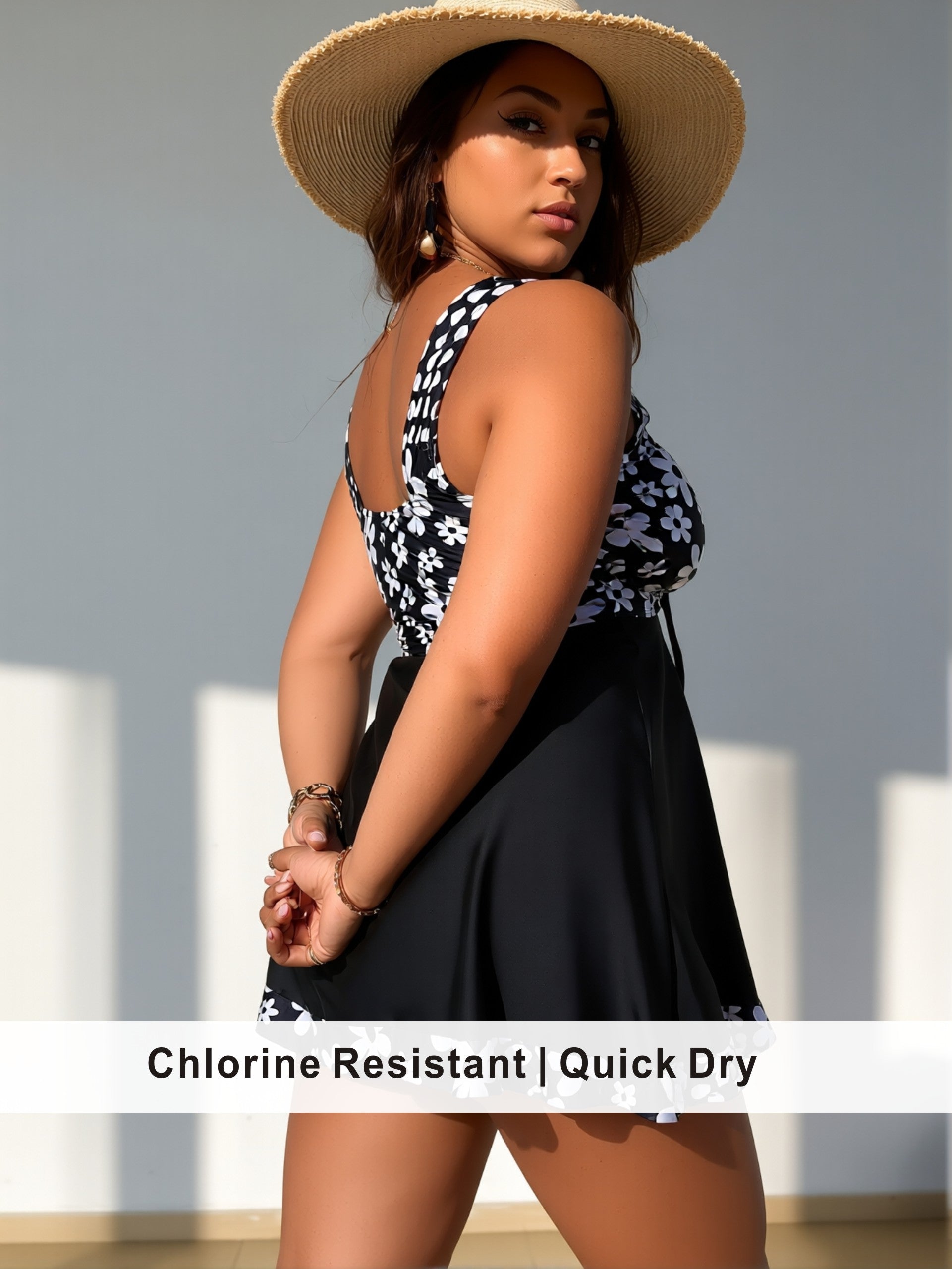 Plus Size Black & White Daisy Print Swim Dress with Drawstring