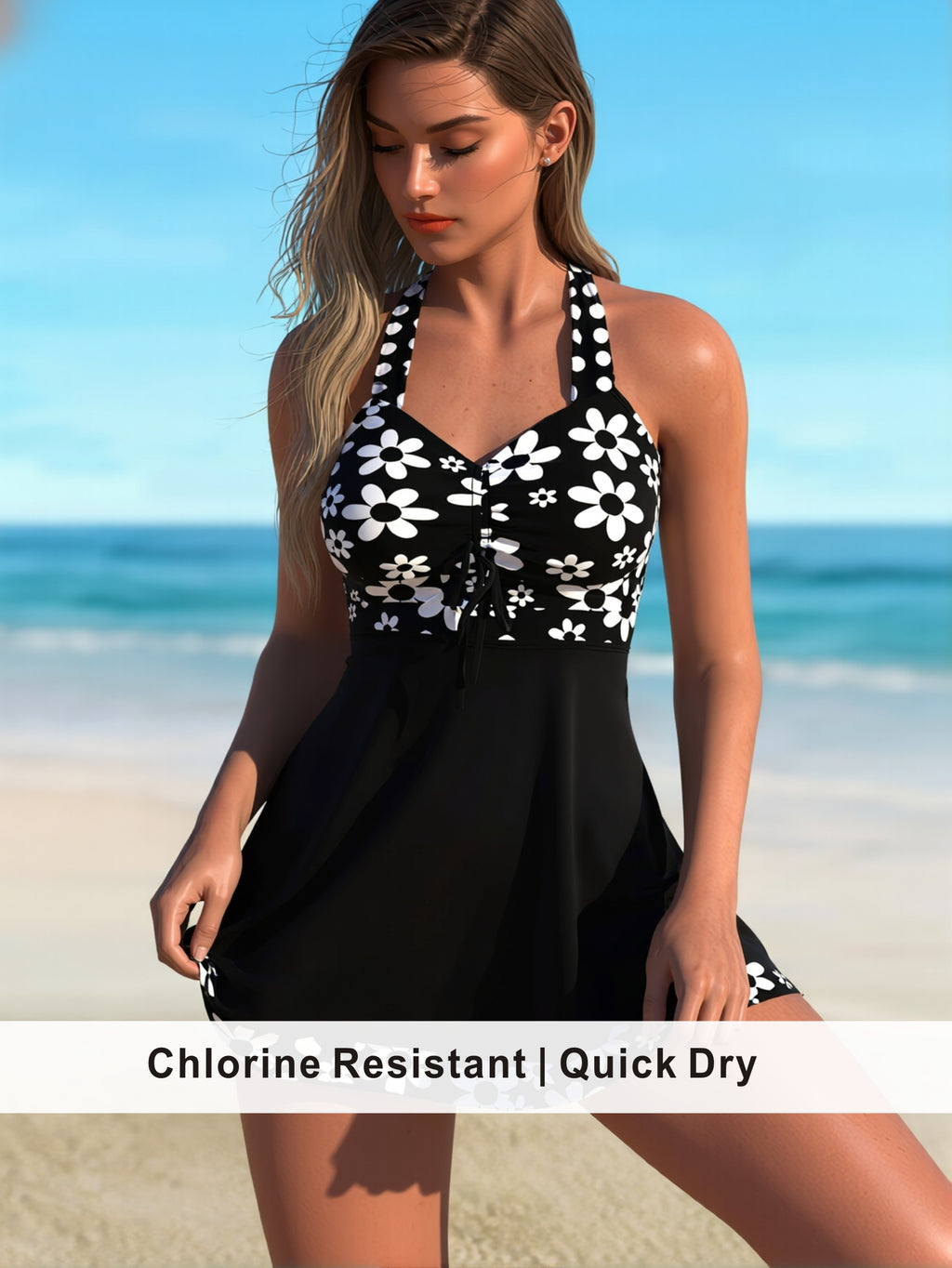 Cinched-Waist Daisy Print Swim Dress with Skirt Hem