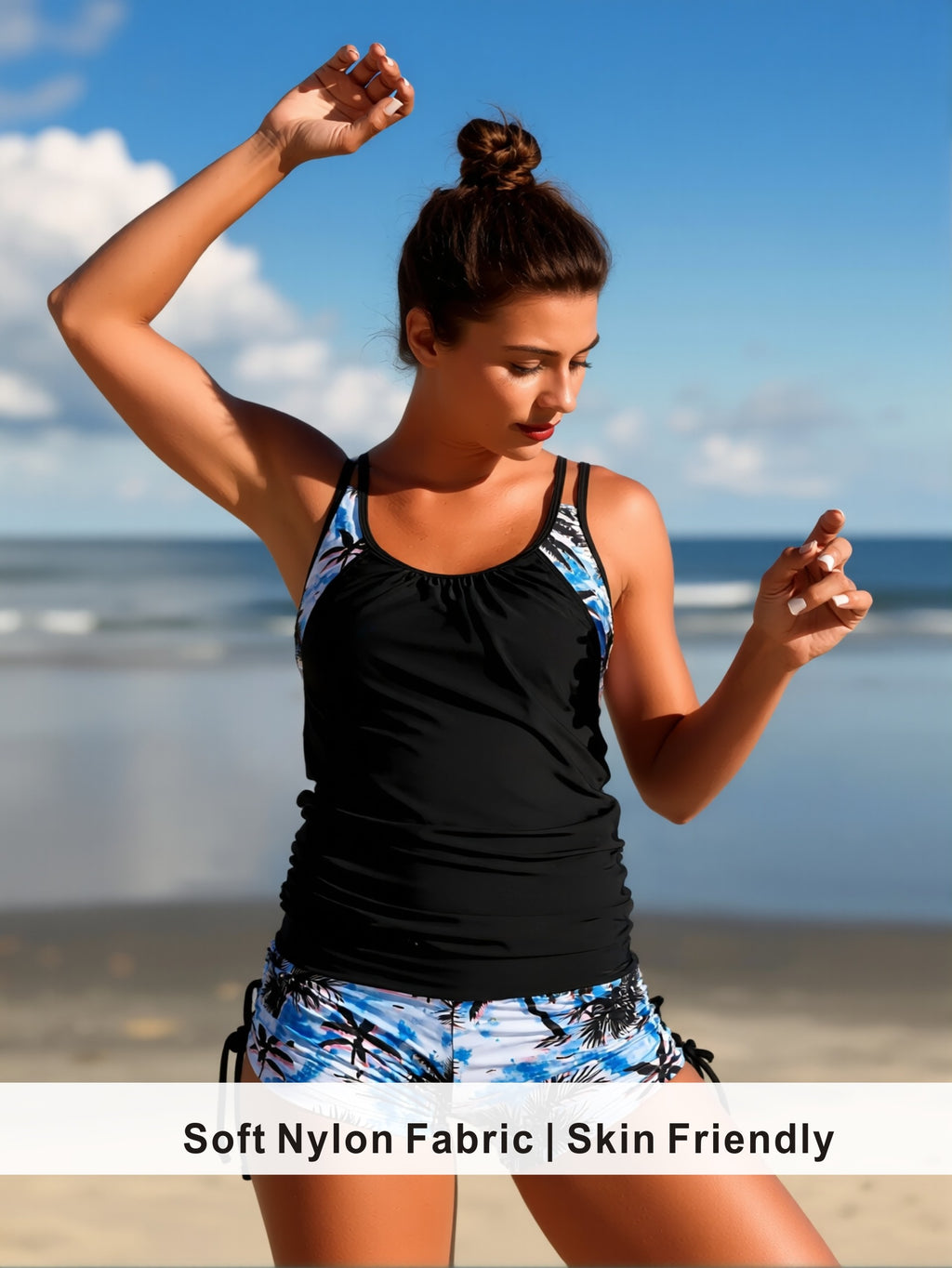 Blue Palm Print Accent Tankini with Side Tie Shorts