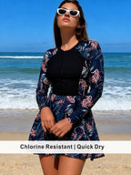 Modest Rash Guard Style Swim Dress with Floral Print Skirt