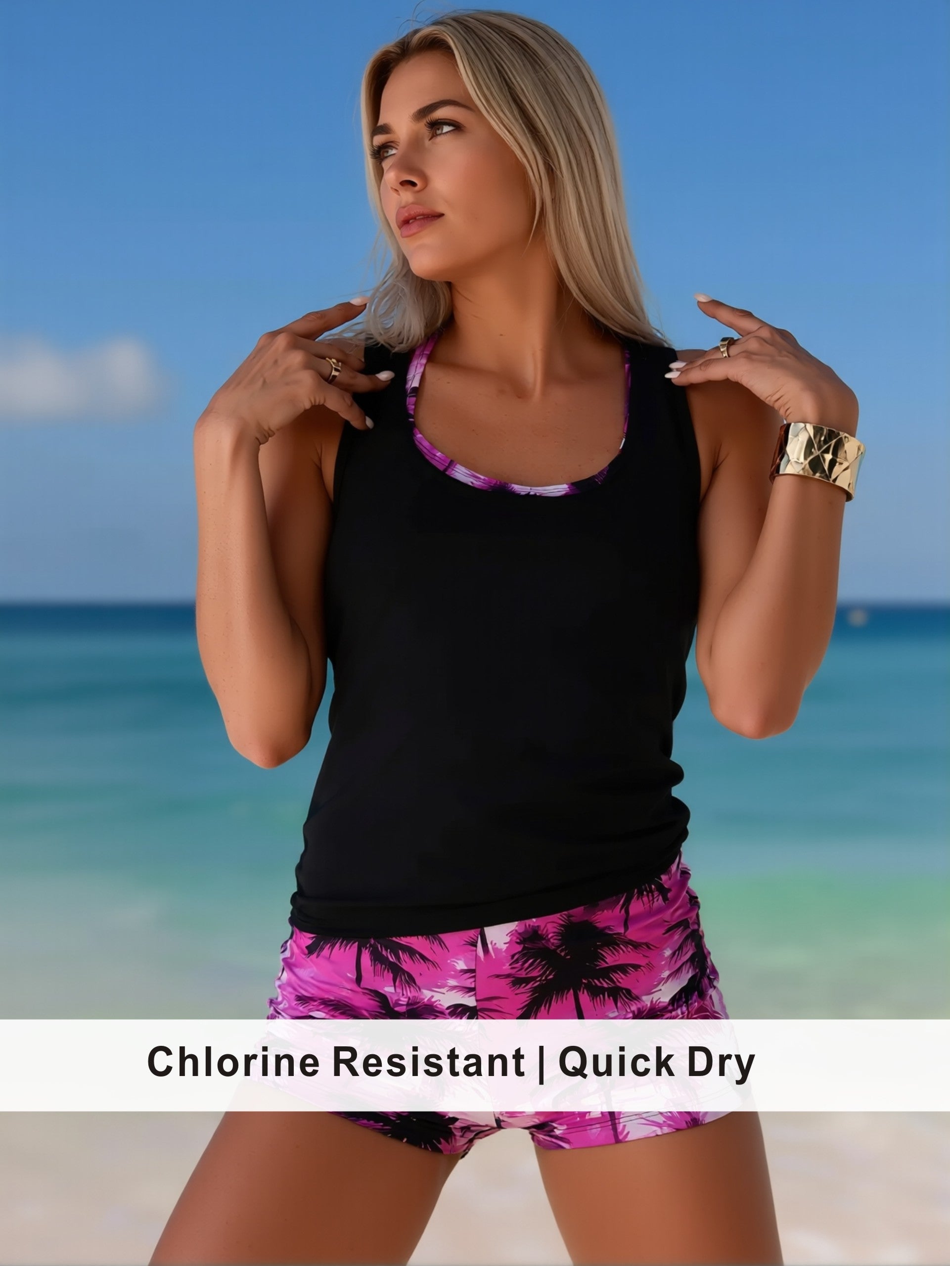 Black Layered Tankini with Pink Palm Print Lining & Shorts