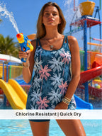 Teal Ombre Palm Tree Tankini with Solid Boyshorts