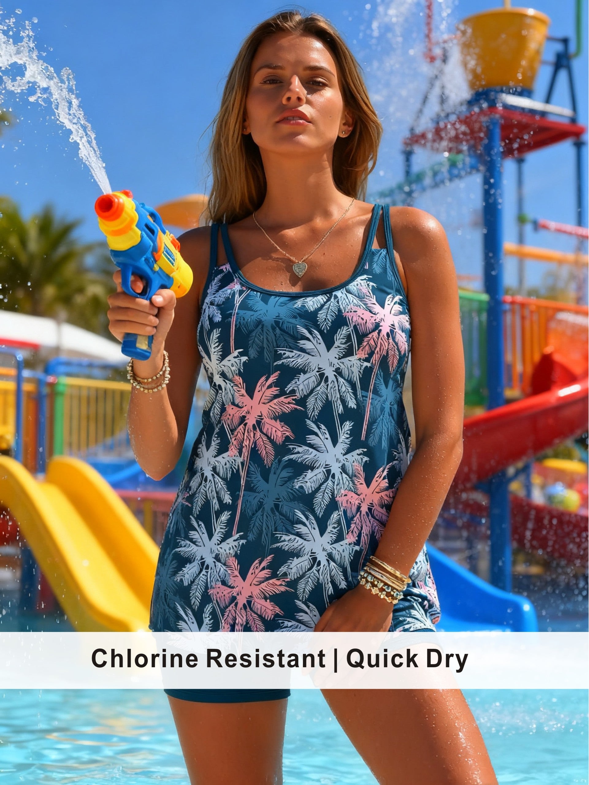 Teal Ombre Palm Tree Tankini with Solid Boyshorts
